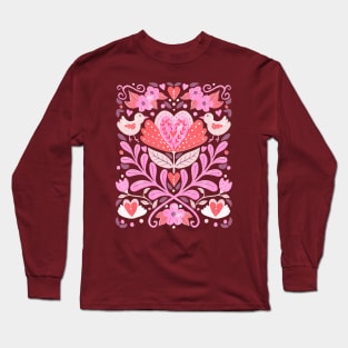 Folk Floral Heart Design Long Sleeve T-Shirt